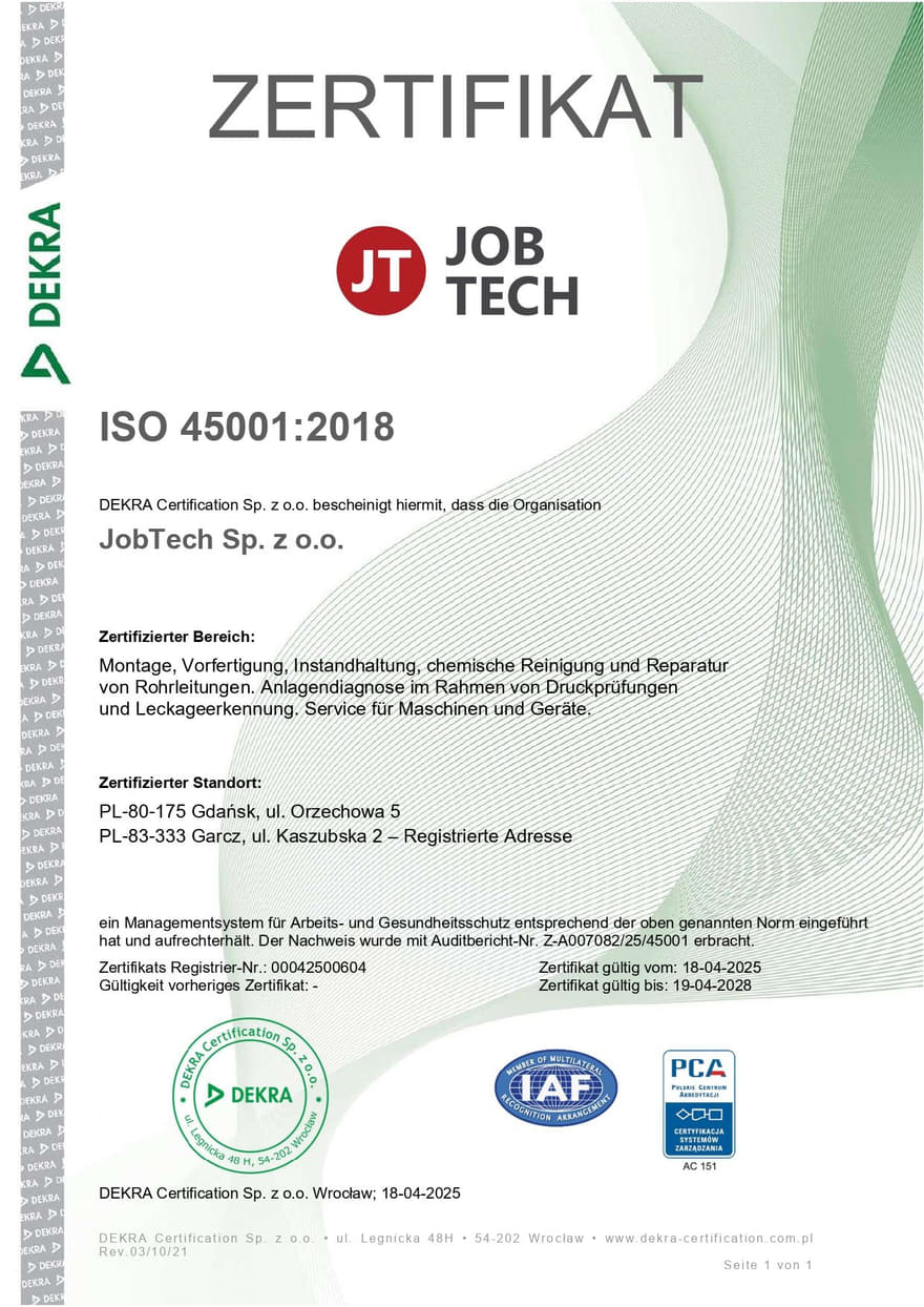 ISO 45001:2018-Zertifikat, ausgestellt für JobTech Sp. z o.o. durch DEKRA Certification