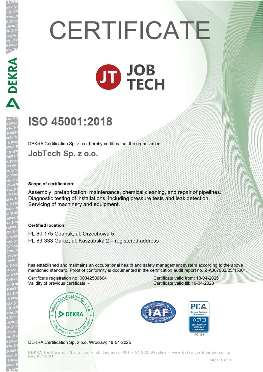 Certyfikat ISO 45001:2018 wydany dla JobTech Sp. z o.o. przez DEKRA Certification