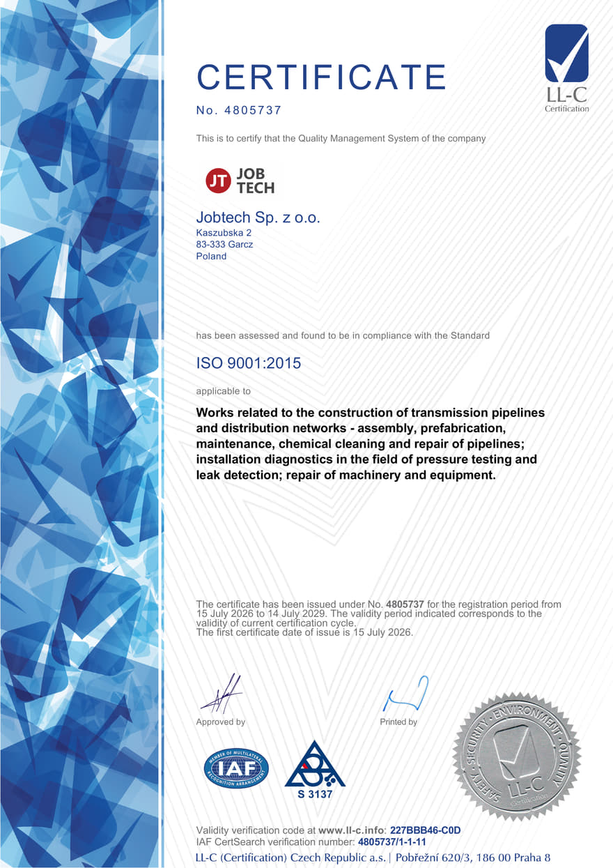 ISO 9001:2015-Zertifikat, ausgestellt für Jobtech Sp. z o.o. durch LL-C Certification