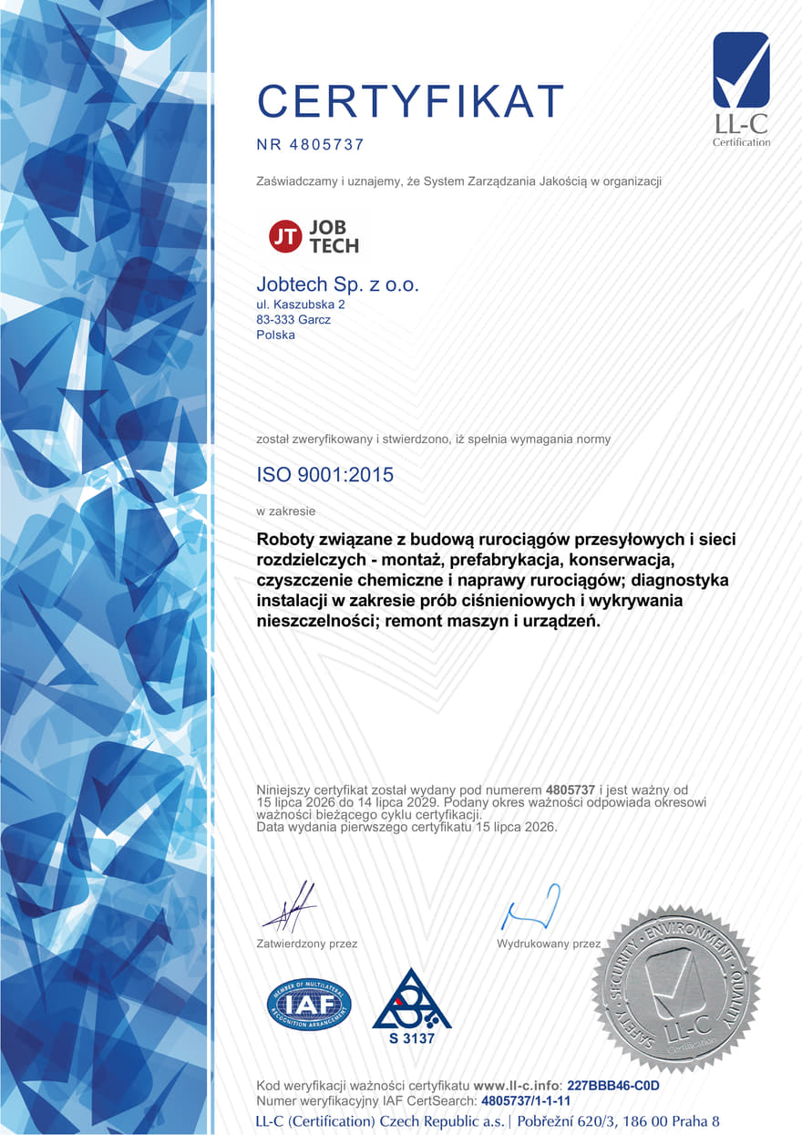 Certyfikat ISO 9001:2015 wydany dla Jobtech Sp. z o.o. przez LL-C Certification
