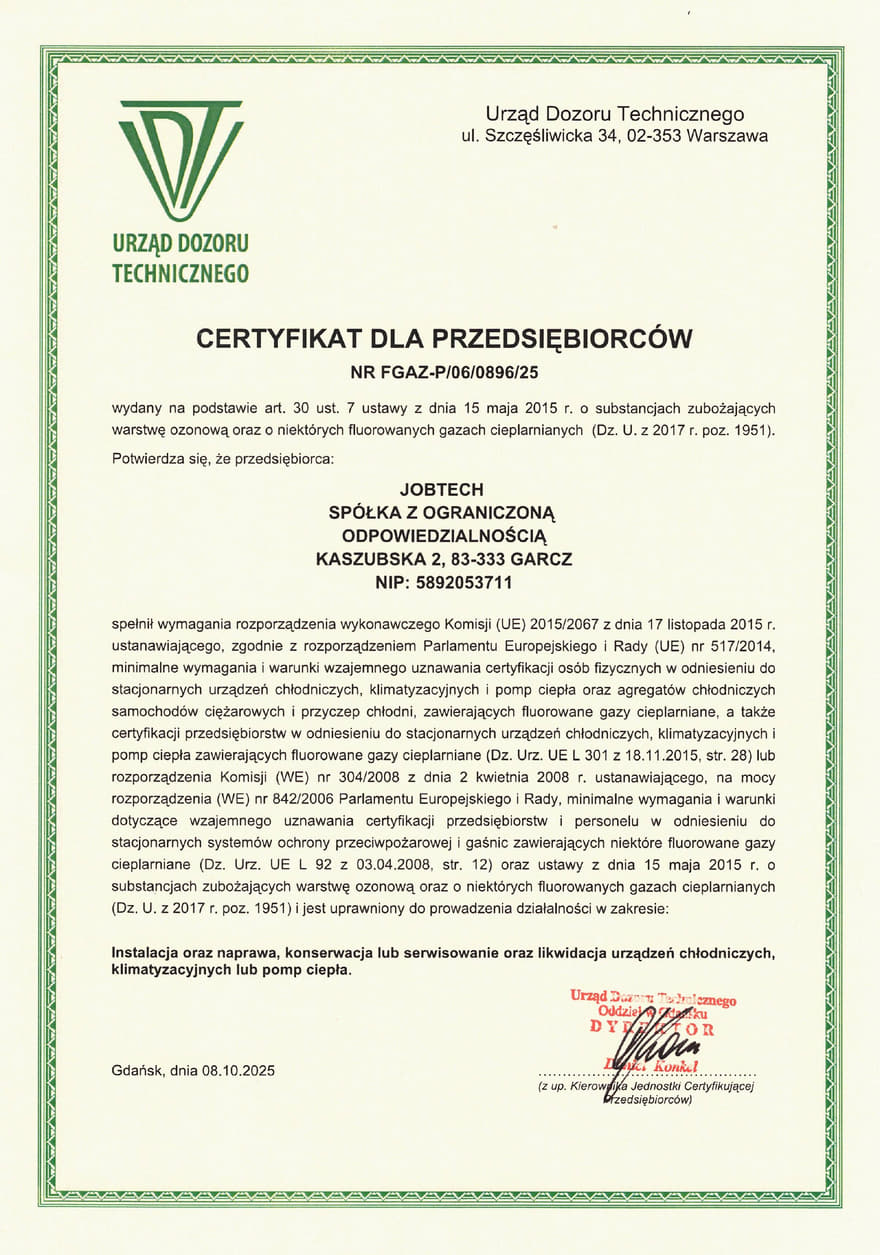Certyfikat F-gazowy dla przedsiębiorców wydany dla JobTech przez Urząd Dozoru Technicznego